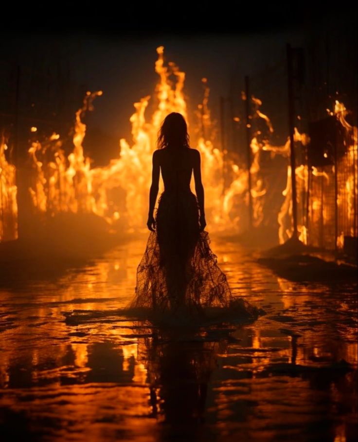 a woman standing in the middle of a fire filled street with lots of flames behind her