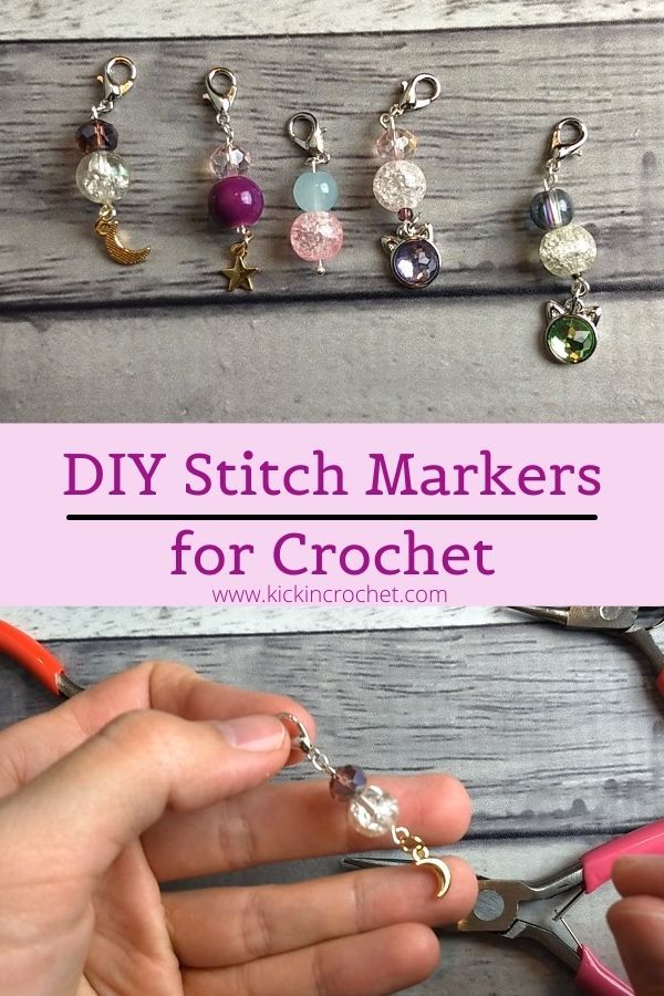 a person is holding scissors and some beads on the table with text overlay that reads diy stitch markers for crochet