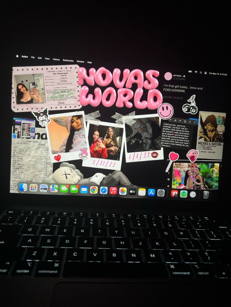 an apple laptop computer sitting on top of a black table with photos and stickers all over the screen