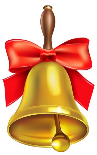 a golden bell with a red bow on it