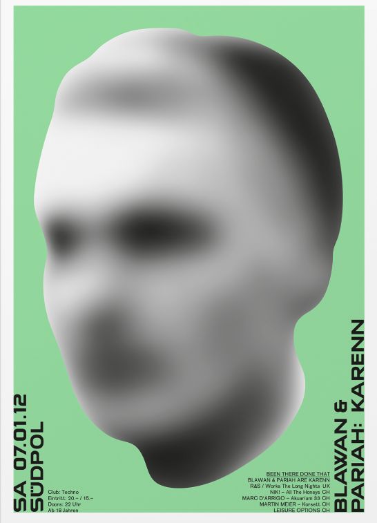 a poster with an image of a man's face in black and white on a green background