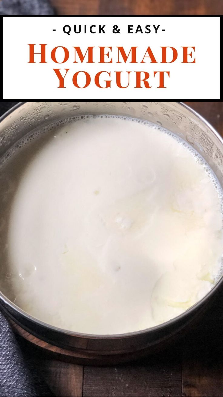 homemade yogurt in a metal bowl on a wooden table with text overlay