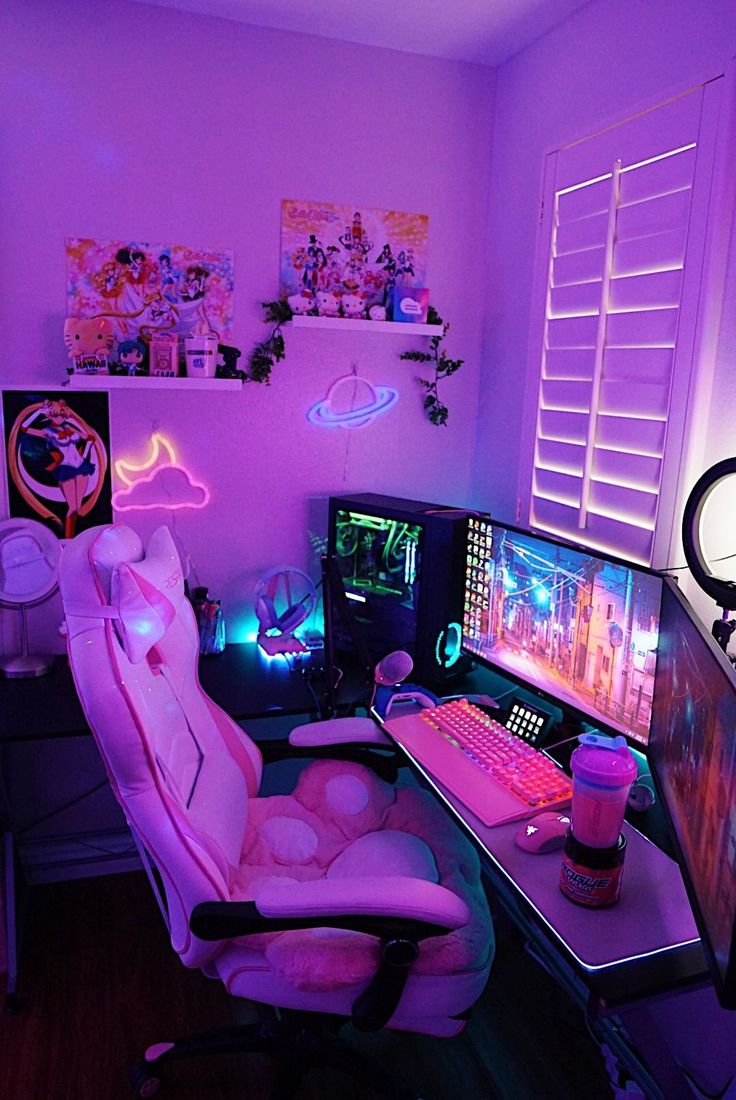 Gamer Girl Set Up with RGB lighting Gamer Bedroom Girl, Gamer Bedroom, Streaming Setup, Rustic Wood Walls, Neon Sign Bedroom, Wood Wall Shelf, Cute Games, Pc Setup, Dj Lighting