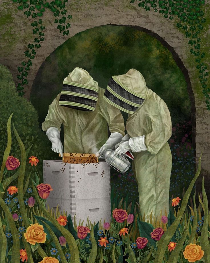 two people in bee suits are picking honey from a bucket surrounded by wildflowers