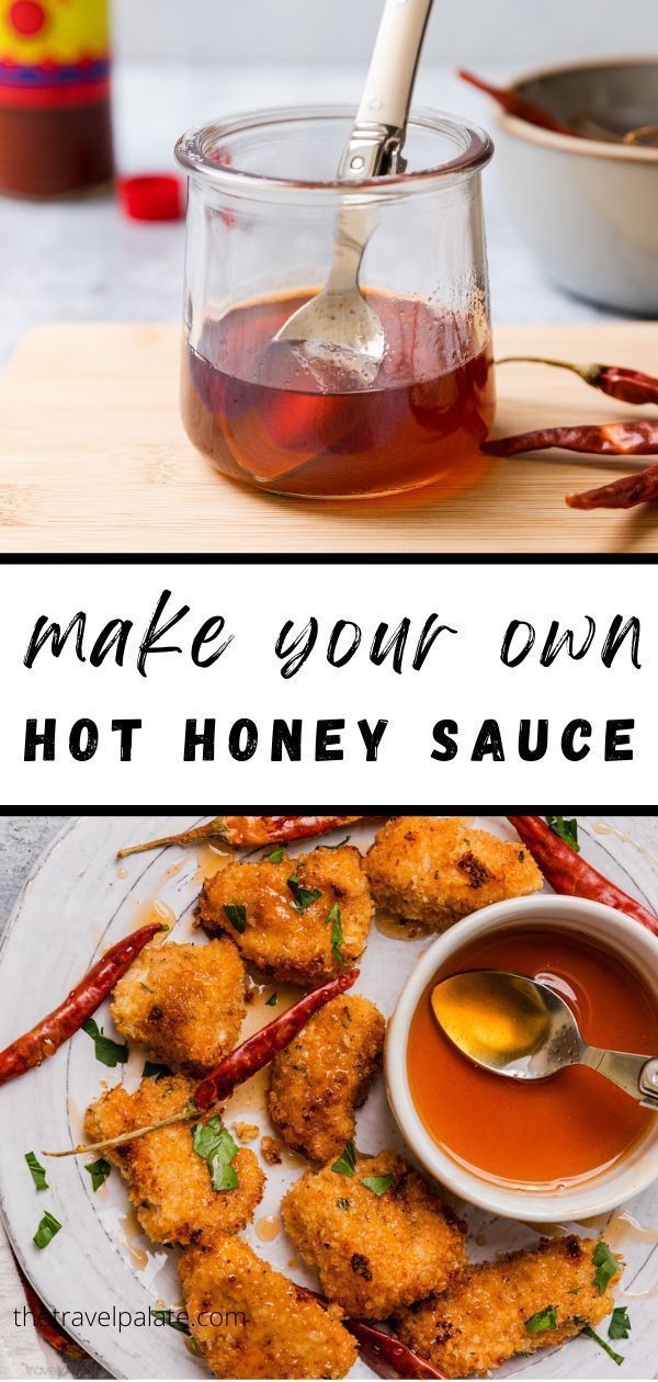 homemade hot honey sauce in a glass jar and on a plate with chicken nuggets