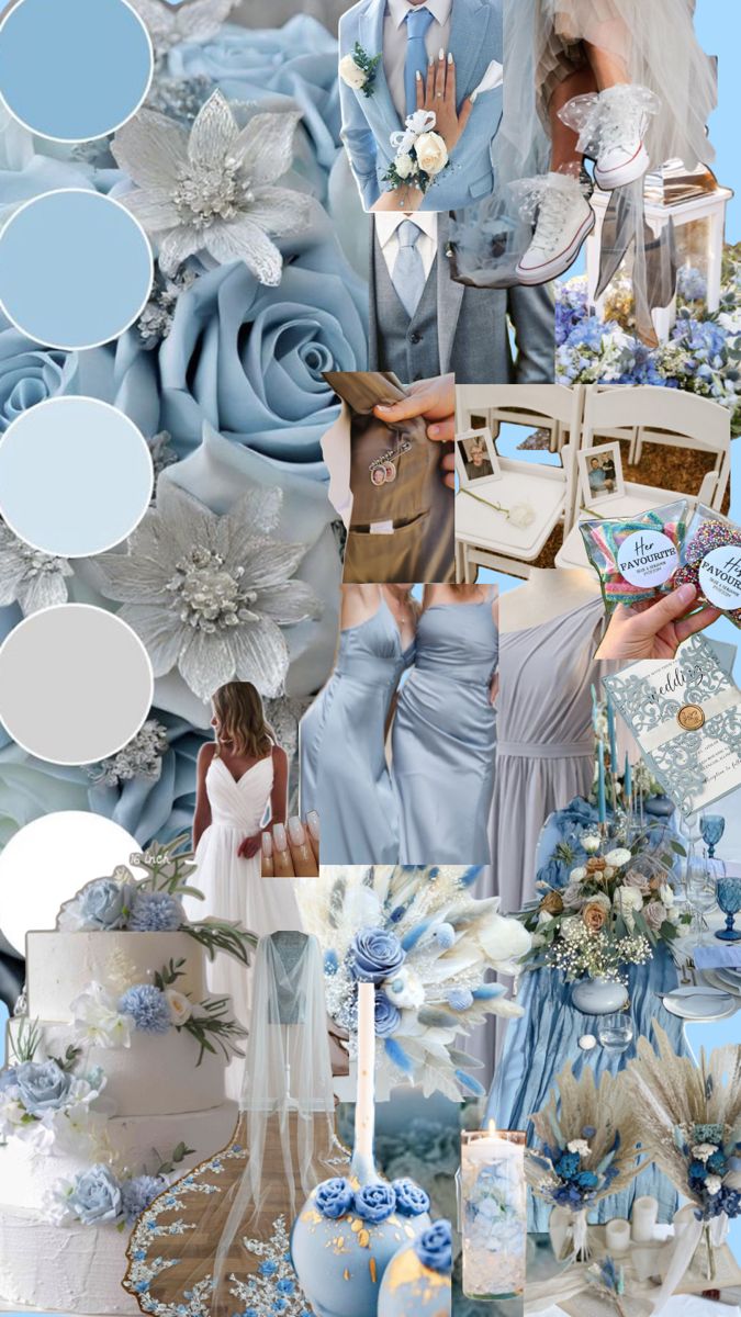 a collage of blue and white wedding colors