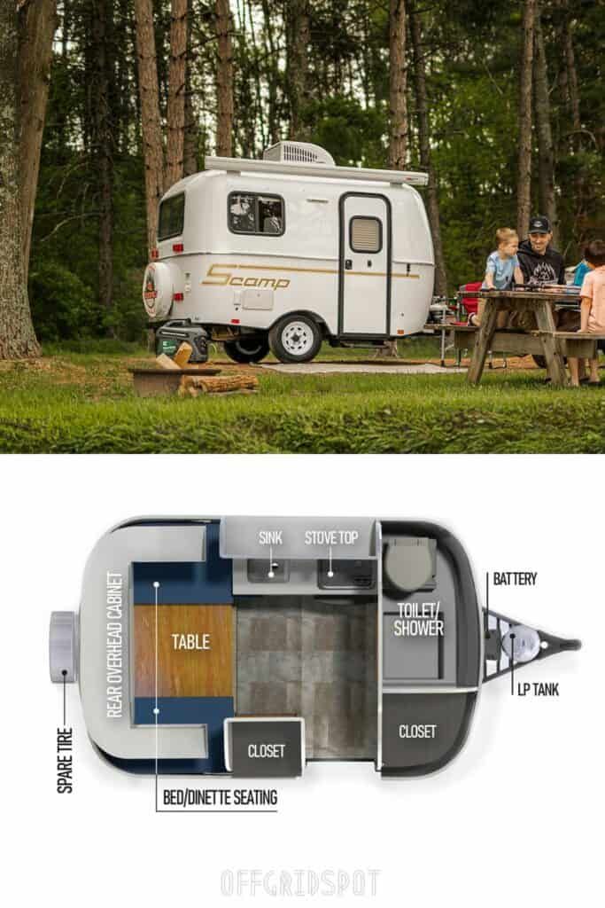 an rv is parked in the woods with people sitting at picnic tables next to it