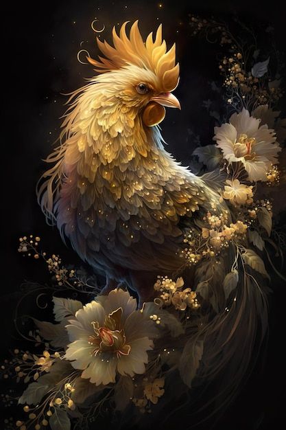 a painting of a rooster with flowers on it's head and feathers in the foreground