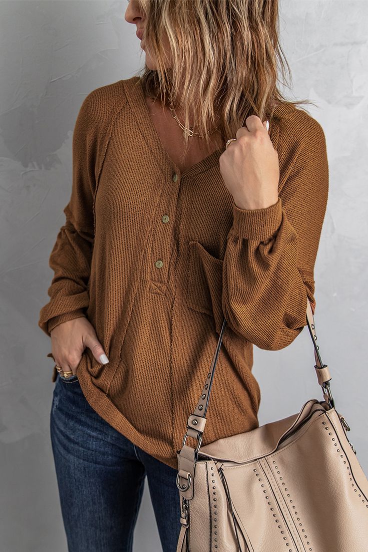 Brown Lantern Sleeve Henley Knit Hoodie Casual V-neck Winter Sweatshirt, Comfy Everyday Knit Tops, Comfy Knit Tops For Everyday, Casual Cozy Fit Sweater With Pockets, Knit Tops With Ribbed Cuffs For Fall, Fall Urban Hoodie With Long Sleeves And Soft Knit, Fall Long Sleeve Soft Knit Hoodie, Casual Everyday Winter Sweater, Fall Soft Knit Long Sleeve Hoodie