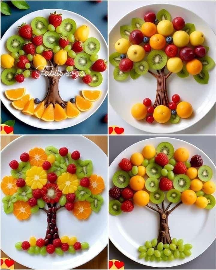 four pictures of different fruits arranged in the shape of a tree