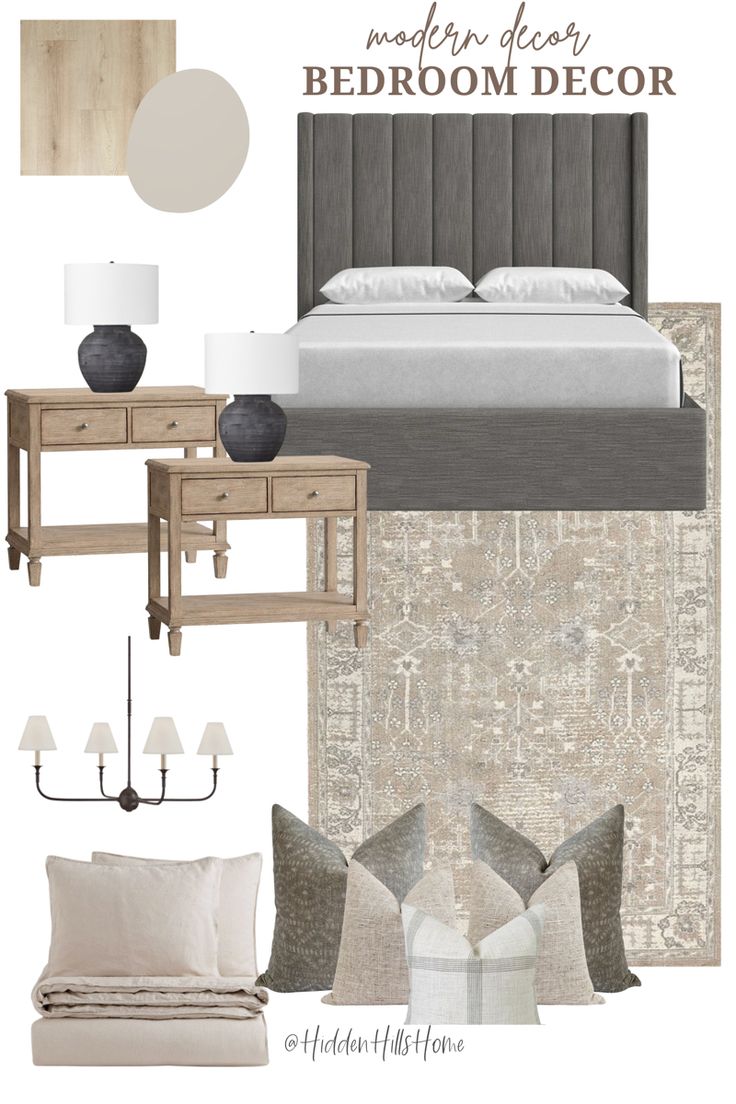 Modern classic bedroom mood board with dark gray upholstered bed and neutral complimentary tones throughout Grey Bed Board Bedroom Ideas, Natural And Grey Bedroom, Neutral Bedroom Grey Headboard, Charcoal Gray Headboard Bedroom, Grey Bed White Furniture, Beige Bedroom Grey Bed, Grey Bed Bedding, Grey Bed With Wood Furniture, Grey Headboard Bedroom Modern