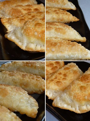 four different views of some food on a black plate and in the middle is an image of chicken empanadas