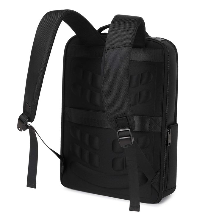 the back view of a black backpack on a white background with straps and buckles