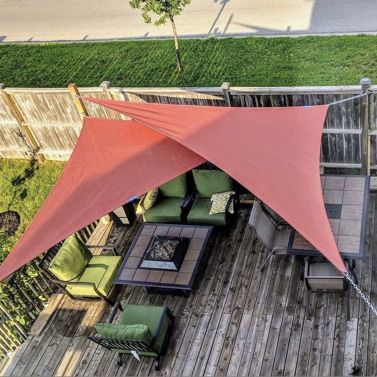 an overhead view of a patio with tables and chairs covered by a red awning