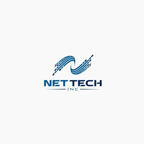 the logo for net - tech inc is shown in blue and white colors, with waves coming