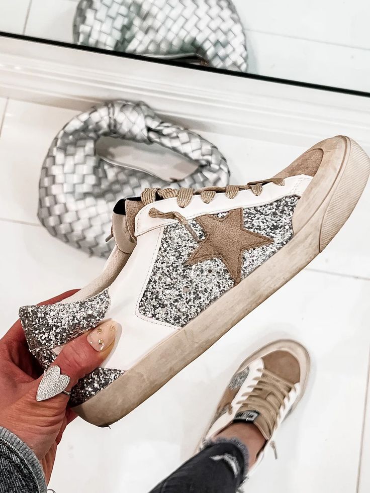 Glitter Neutral Star Sneaker | Krush Kandy Boutique | Phoenix, AZ Hi Top Sneakers Outfit, Fashion Sneakers Women's, Trendy Womens Sneakers, Golden Goose Sneakers Outfit, Goose Sneakers, Womens Tennis Shoes, 3 Shoes, Glitter Sneakers, Golden Goose Sneakers