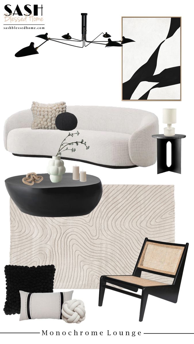 a living room with black and white furniture