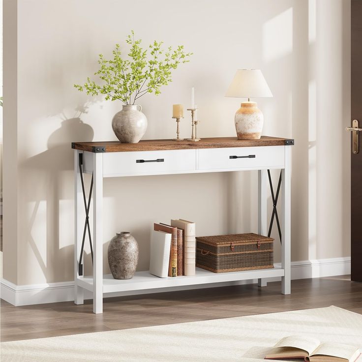 Featuring a stylish and minimalist design, this console table seamlessly complements various home decor styles, including traditional, vintage, rustic, classic, or modern. It serves multiple functions as a console table, sofa table, entry table, hallway table, behind-couch table, or even a TV cabinet. Entryway Table Farmhouse, Farmhouse Sofa Table, Grey Console Table, Sofa Table With Storage, Farmhouse Sofa, Long Sofa Table, Living Room Furniture Tables, Farmhouse Console Table, Rustic Sofa