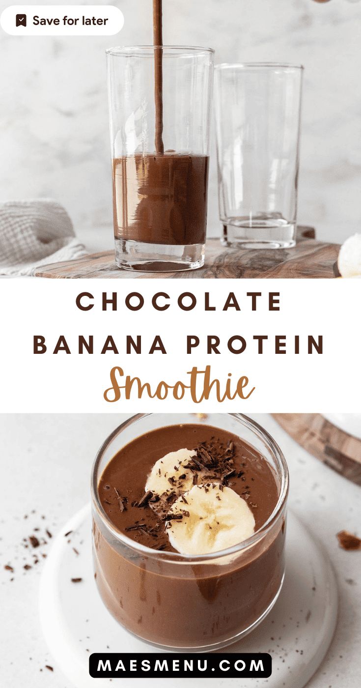 chocolate banana protein smoothie with text overlay