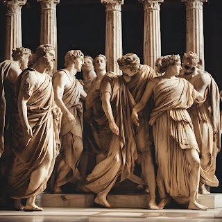 the statues are all lined up in front of each other, with columns behind them