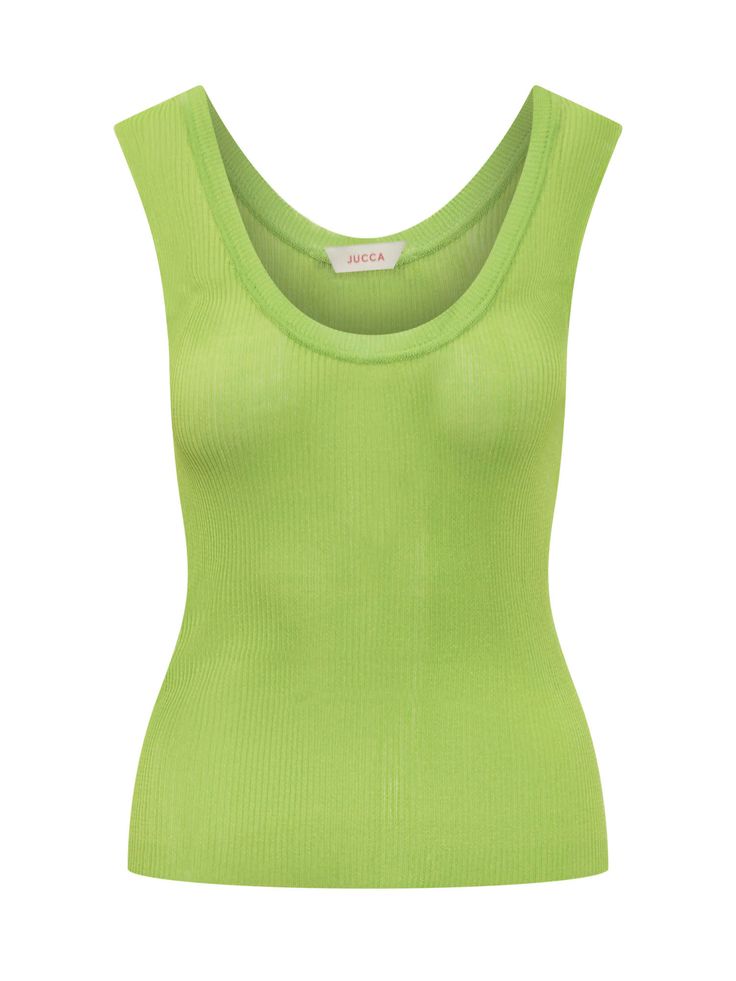 Sleeveless top. u-neck. Rib knit workmanship.Composition: 75% Viscose, 25% Polyamide Fine Knit Sleeveless Top, Chic Green Fine Knit Top, Sleeveless Fine Knit Top, Chic Spring Vest With Scoop Neck, Chic Scoop Neck Spring Vest, Fine Knit Scoop Neck Top, Chic Green Sweater Vest For Summer, Green Fine Knit Tops For Summer, Summer Fine Knit Green Top