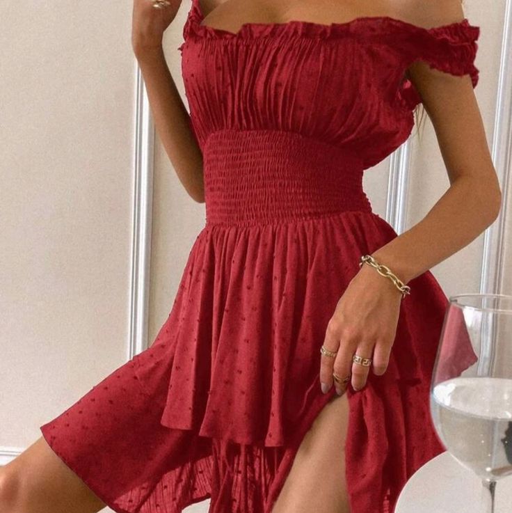 Never Worn Red A-line Mini Dress For Summer, Casual Red A-line Mini Dress, Spring Off-shoulder Lined Midi Dress, Red Off-shoulder Ruched Dress, Red Ruched Off-shoulder Dress, Red Summer Sundress, Flirty Red Dress For Day Out, Red Summer Dress For Day Out, Red Summer Dresses For A Day Out