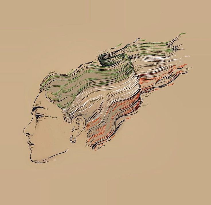 a drawing of a woman's head with hair blowing in the wind