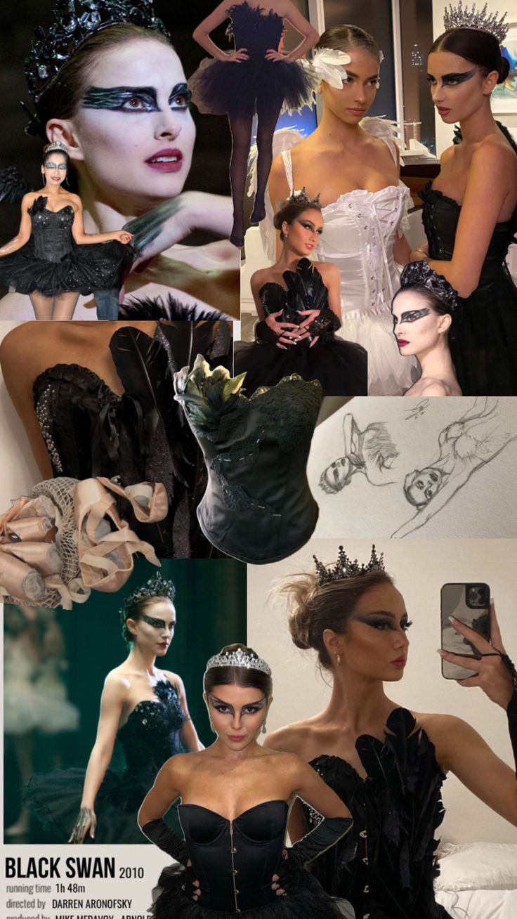 the collage shows many different images of women in black dresses and tiaras