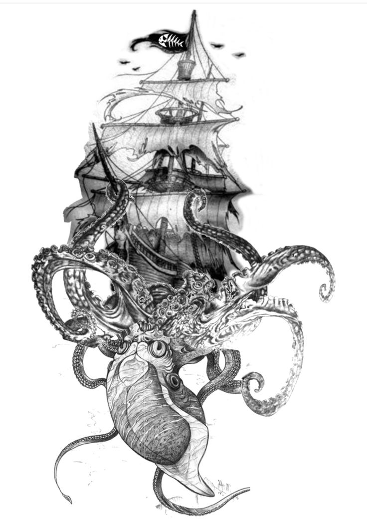 an octopus and ship in the ocean