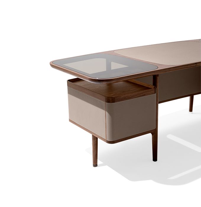 an office desk with a glass top and drawers on one side, against a white background