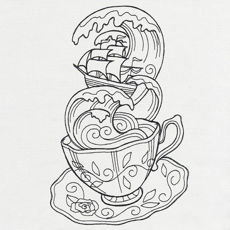 a black and white drawing of a teacup with a pirate ship in it's cup