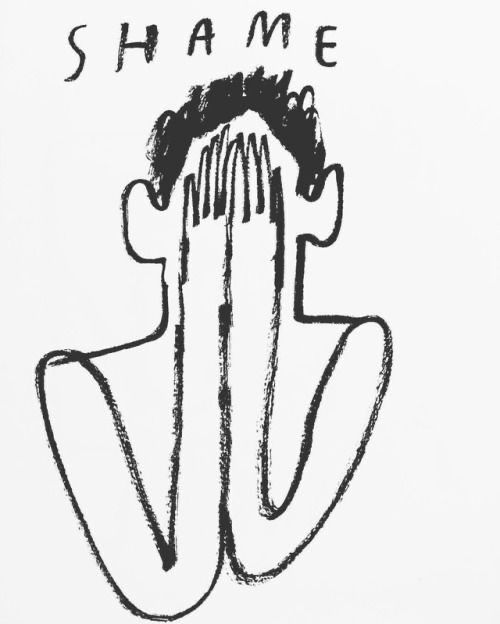 a black and white drawing of a face with the words shame on it