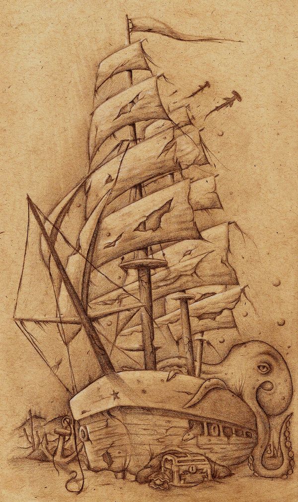 a drawing of a boat with an octopus on it