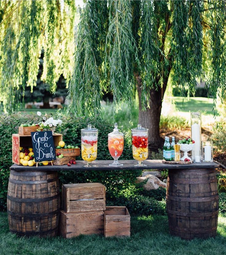 a picnic table with drinks and snacks on it in front of a large willow tree