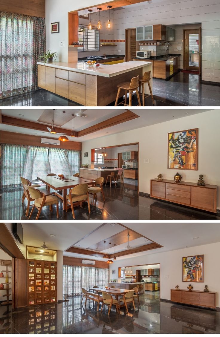 four different views of a kitchen and dining room in one photo, the other shows an open floor plan