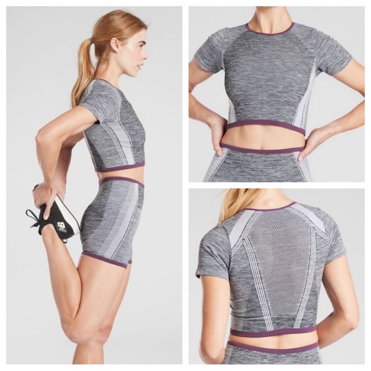 New! A Cute, Stylish Cropped Top For All Your Favorite High Intensity Workouts. - Medium-High Impact Workouts At The Gym, Studio Or Outdoors - Seamless Construction For Comfort & Minimal Chafing - Eco-Minded: Made W/ Recycled Nylon From Plastic - Grey W/ Purple Trim For A Pop Of Color - Crew Neck, Short Sleeves - Fitted; Next To Body Feel - Crew Neck, Short Sleeves Brand New With Tags. Smoke Free Pet Friendly Photos Are Part Of The Description Gym Studio, Purple Trim, Color Crew, High Intensity Workout, At The Gym, Cropped Top, Crop Tee, Pet Friendly, Color Pop