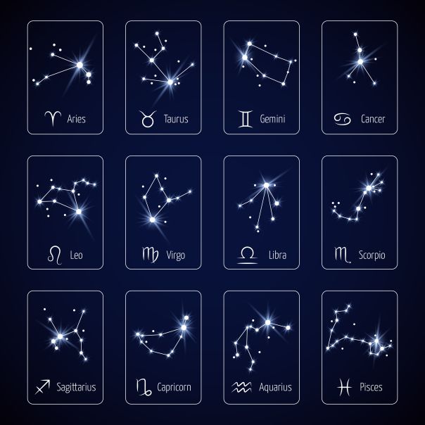 zodiac signs and their names on a dark background with stars in the sky above them