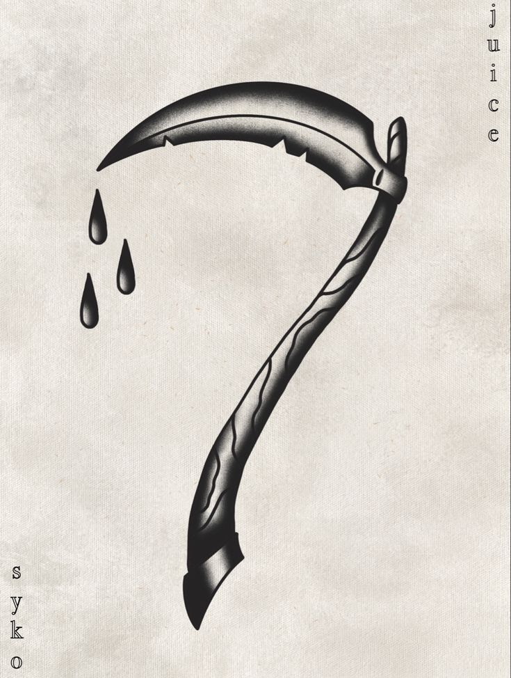 a black and white drawing of a knife with drops of water coming out of it