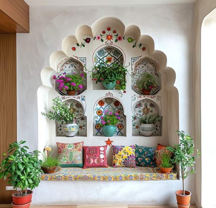 a living room filled with lots of potted plants next to a wall mounted window