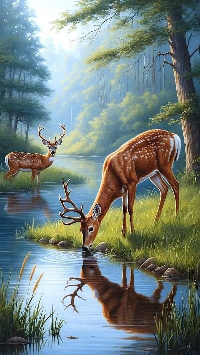 two deer drinking water from a pond in the woods