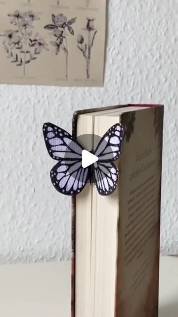 a book with a butterfly on top of it sitting next to a wall mounted picture