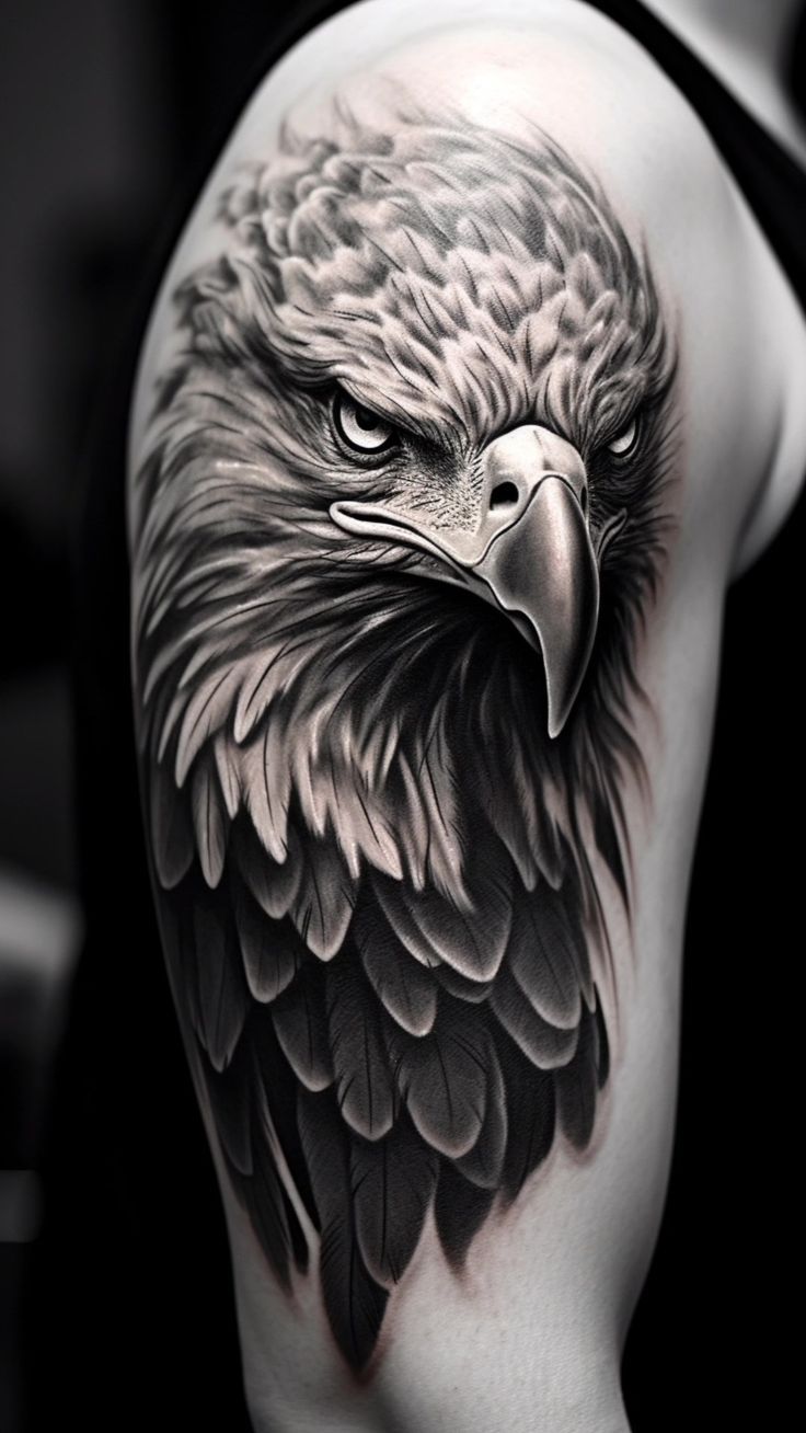 an eagle tattoo on the back of a woman's arm, with black and white ink