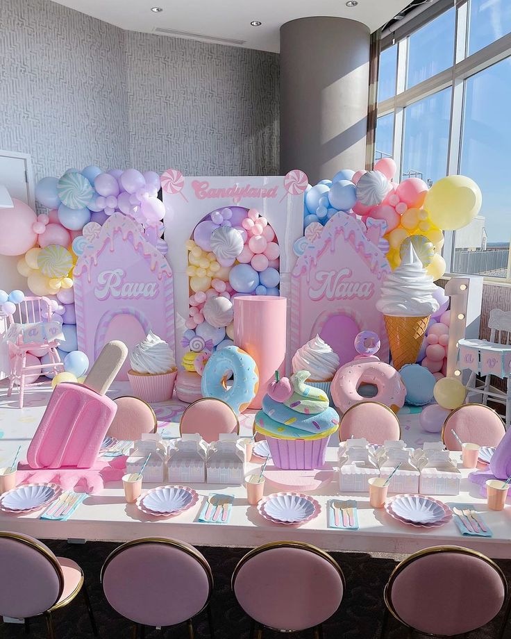 a table topped with lots of pink and blue desserts