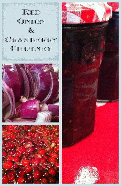 red onion and cranberry chutney collage with images of jars filled with cherries