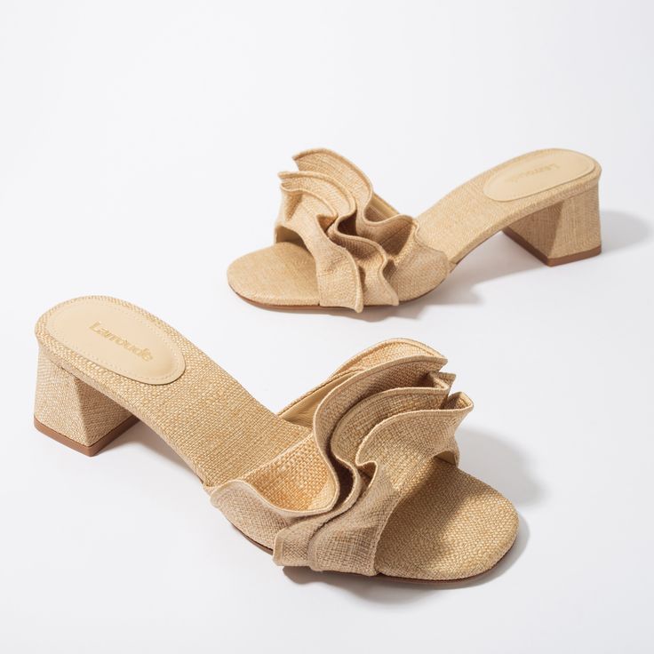 Brigitte Ruffle Mule In Beige Raffia - Larroude Chic Natural Mules For Spring, Chic Natural Color Spring Mules, Chic Straw Block Heel Shoes, Chic Straw Block Heel, Chic Straw Heels With Block Heel, Chic Straw Heels With Wrapped Heel, Chic Beige Straw Mules, Chic Heels With Wrapped Heel In Straw, Chic Straw Mules For Spring