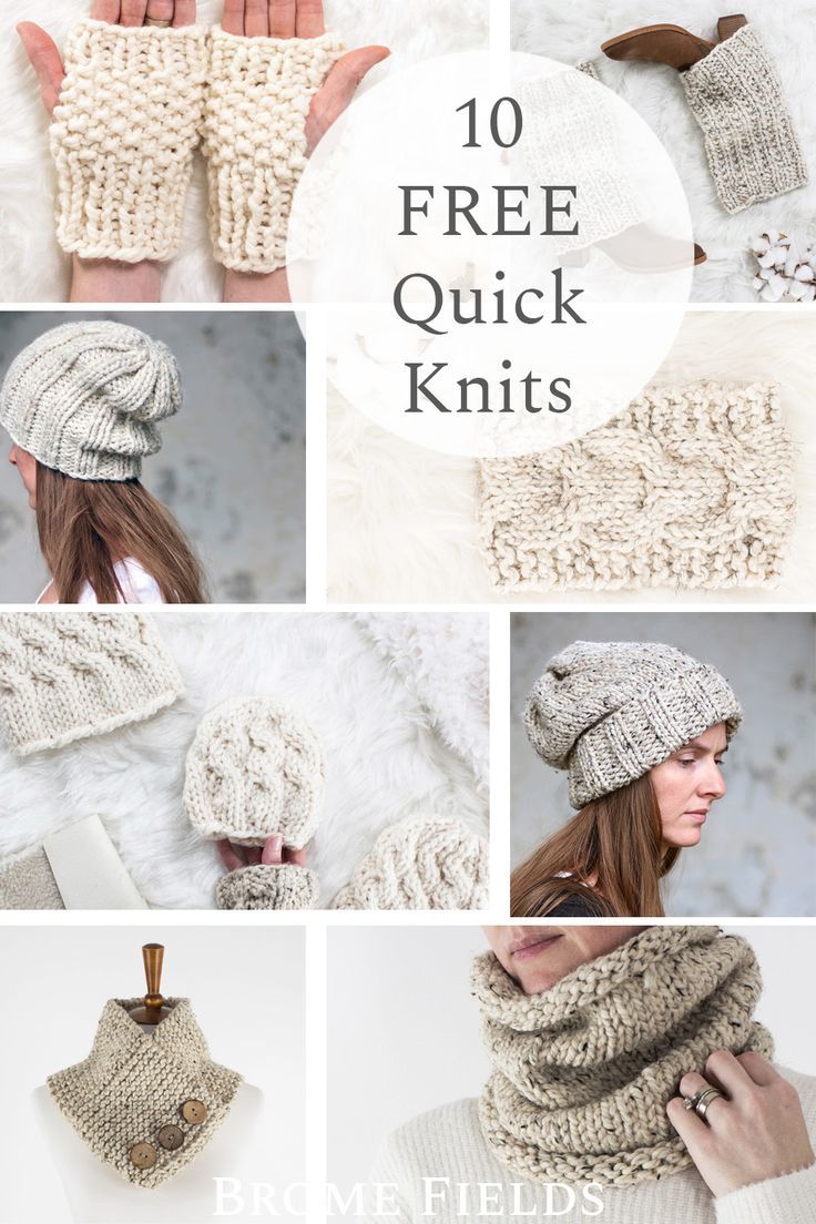 knitted hats and mittens with text overlay that says 10 free quick knits