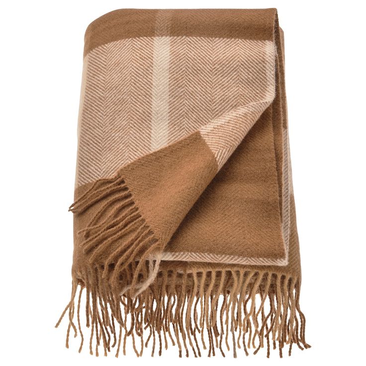 a brown and white plaid blanket with fringes