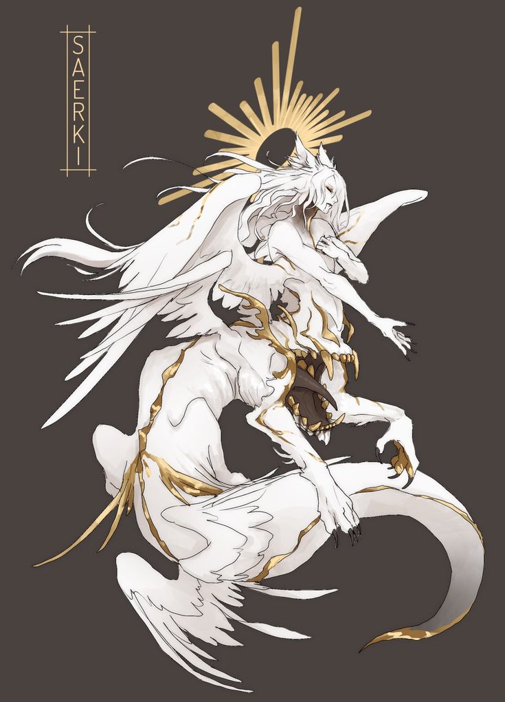 a drawing of a white dragon with gold accents