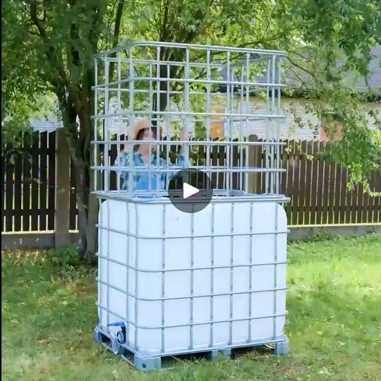 a man in a cage on top of a white container with the words, what is it?