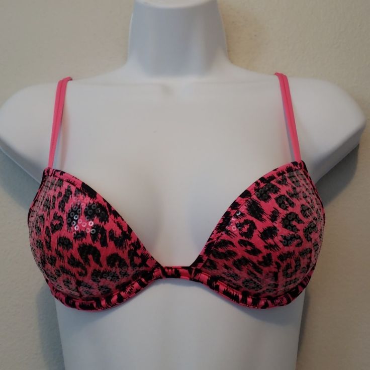 New Without Tags! Super Cute Cheetah Print Bra! Pink And Black In Color. Has Sequence On The Cups. No Snags Or Tears. Size 32b Victoria Secret Pink Bras Push Up, Summer Night Out Push-up Bra, Summer Push-up Bra For Night Out, Beach V-neck Fitted Bra, Fitted V-neck Bra For Beach, Cheetah Print Bra, Y2k Closet, Hot Pink Bra, Trendy Stuff